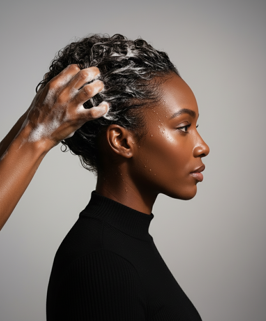 Man with a beard and braided hair with shampoo being applied in his hair against an orange background